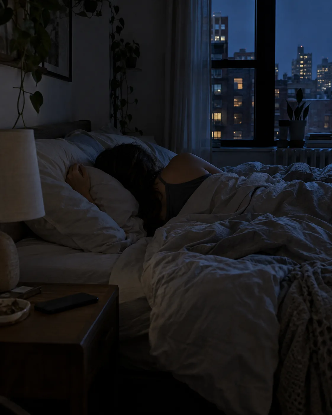 Person lying awake in bed at night facing a dark city window