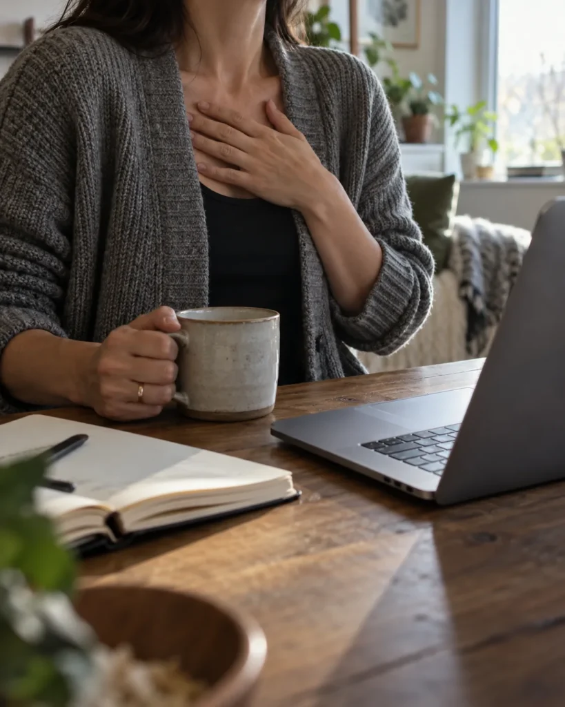 Person at a desk with a hand pressed to their chest, holding a mug
