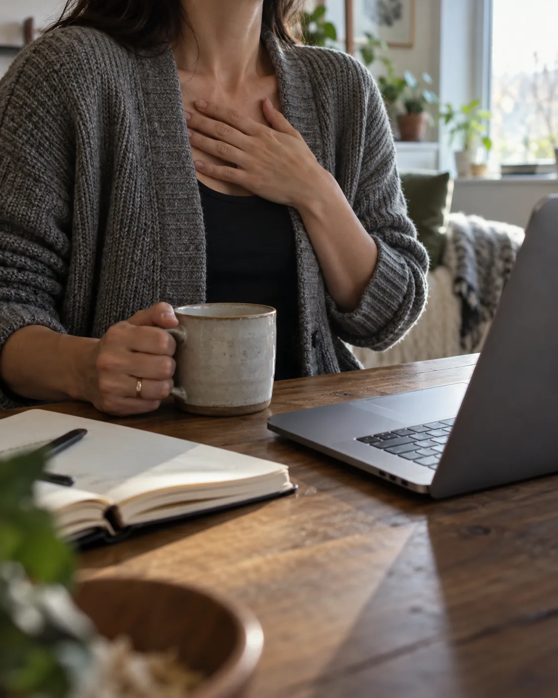 Person at a desk with a hand pressed to their chest, holding a mug