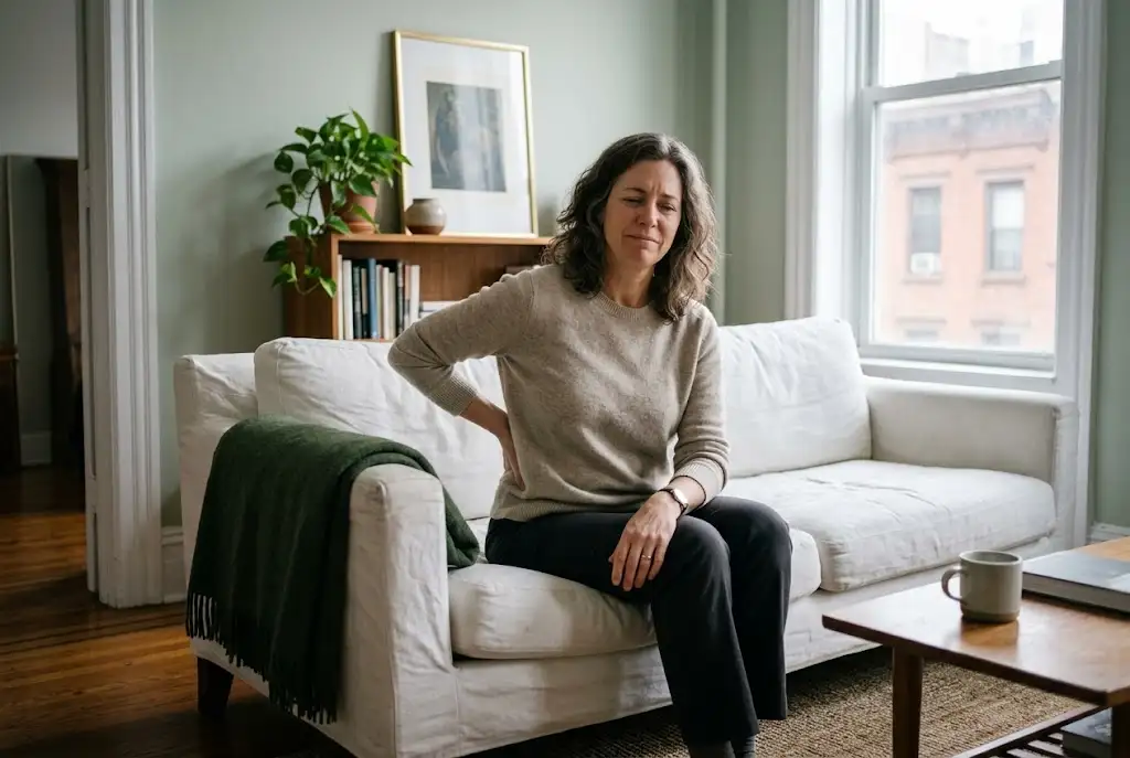 Woman on a sofa holding her lower back
