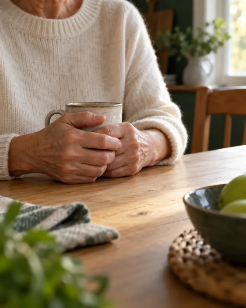 Older woman at a kitchen table holding a warm mug in both hands
