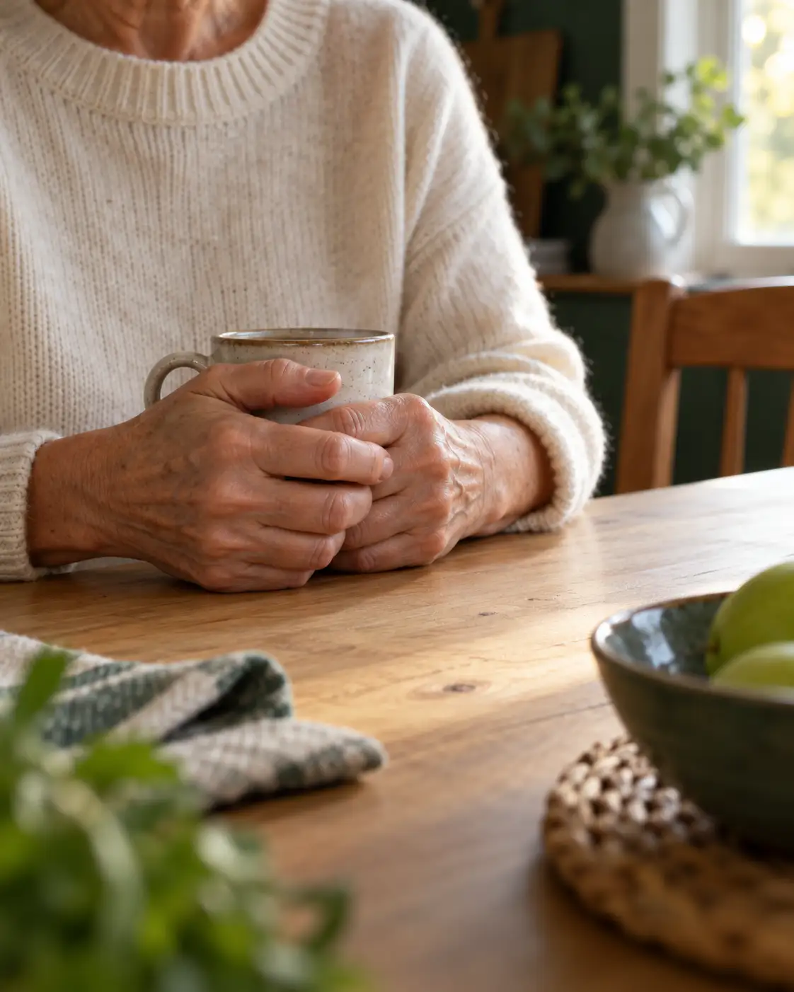 Older woman at a kitchen table holding a warm mug in both hands