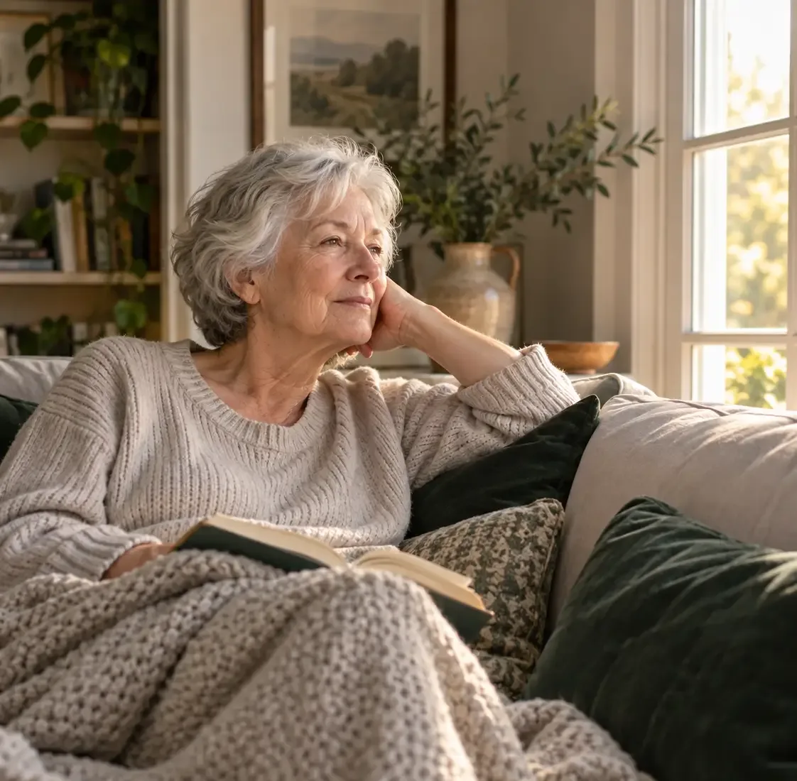 Older woman with silver hair resting on a sofa under a knit blanket, looking out the window
