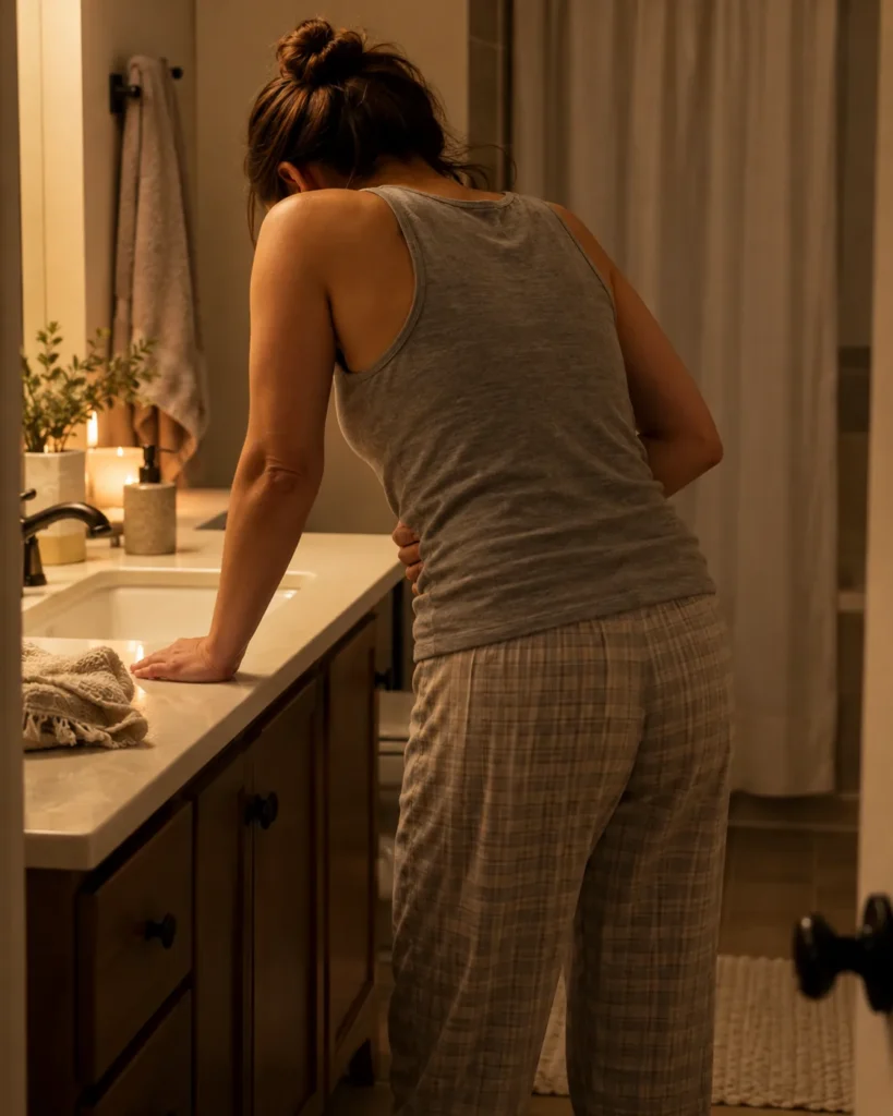 Person bent over a bathroom sink at night holding their stomach