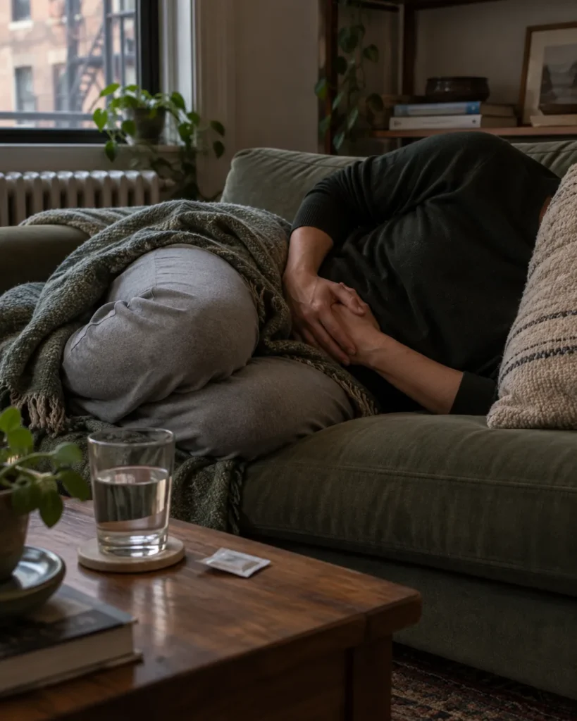 Person curled up on a couch holding their stomach in pain