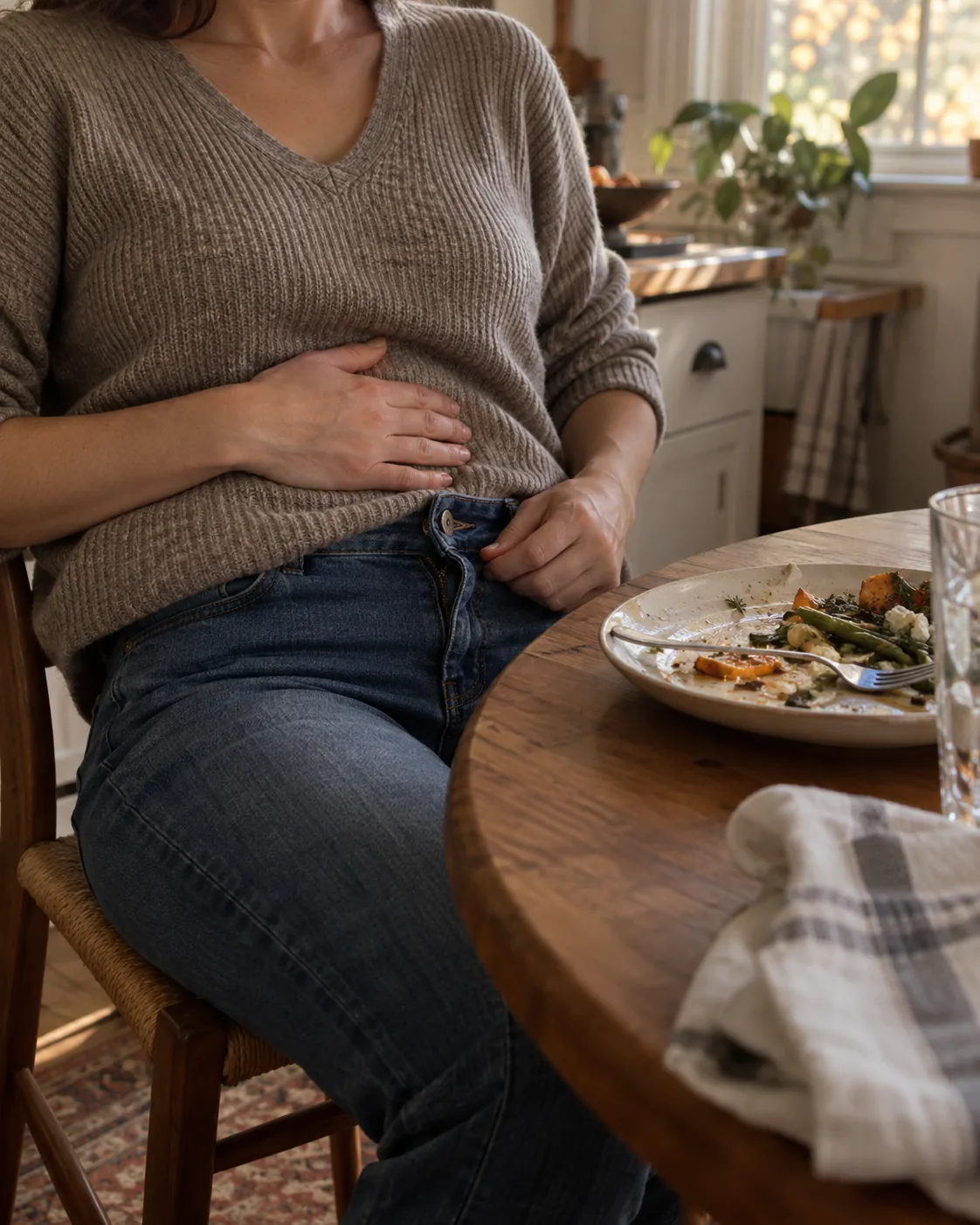 Person at a kitchen table with a hand on a bloated stomach after a meal