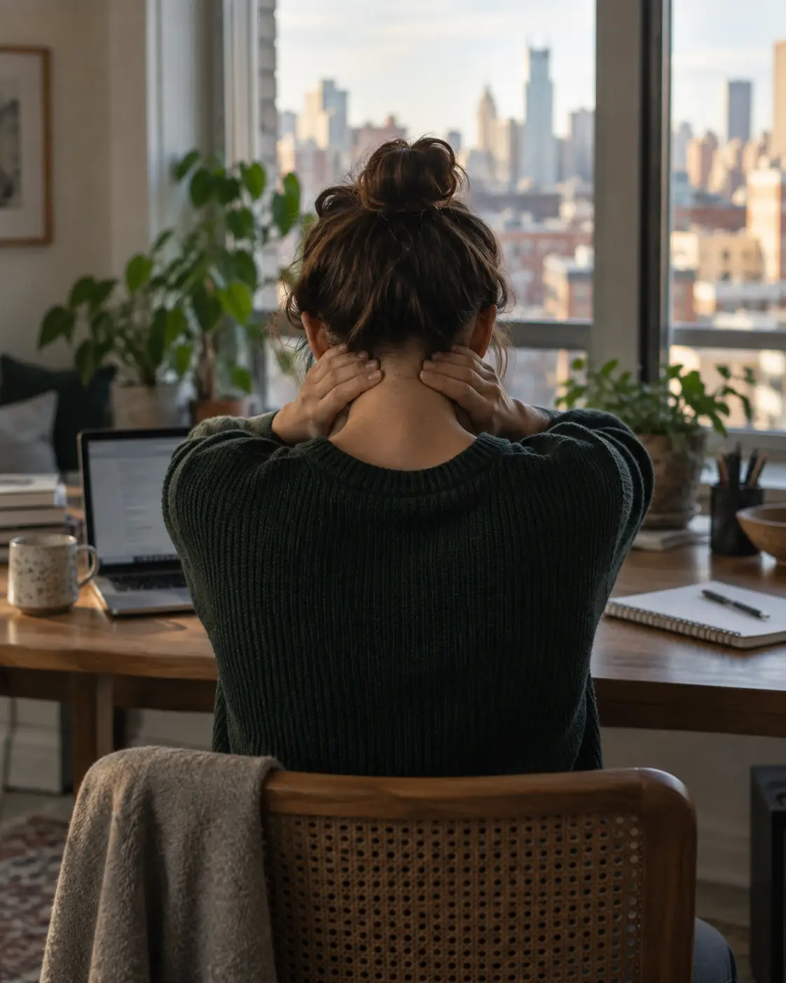 Woman at a desk by a city window pressing both hands into the back of her neck