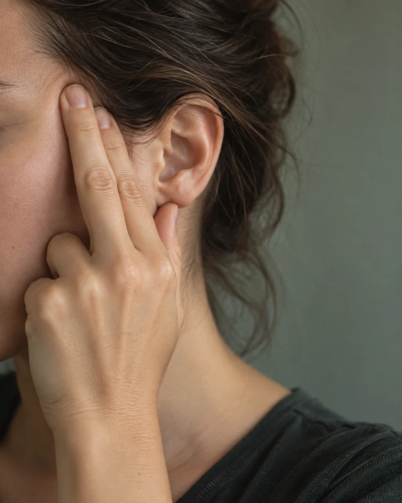 Fingers pressing into the temple and jaw muscle in front of the ear
