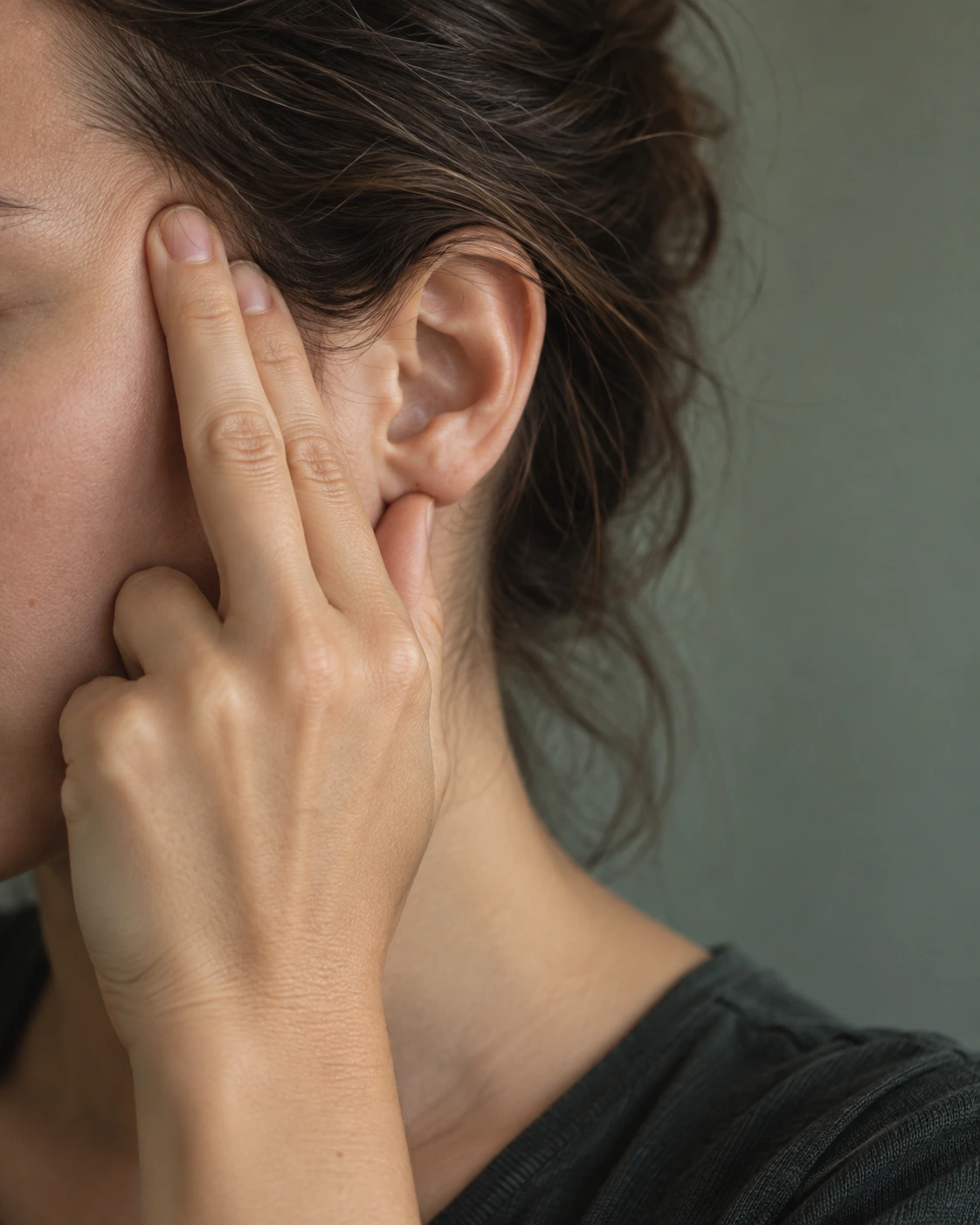 Fingers pressing into the temple and jaw muscle in front of the ear