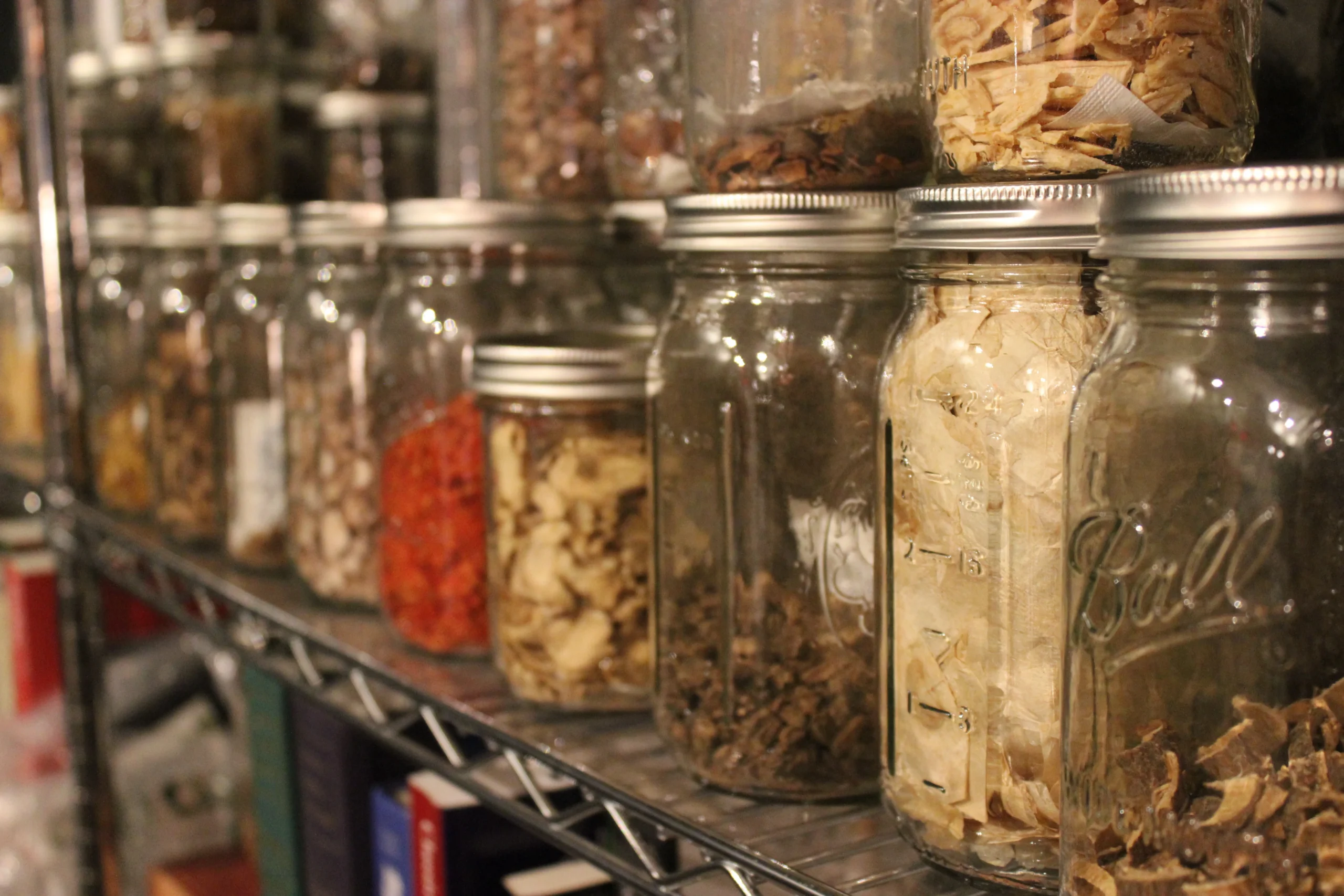 Jars of dried herbs in the practice’s dispensary