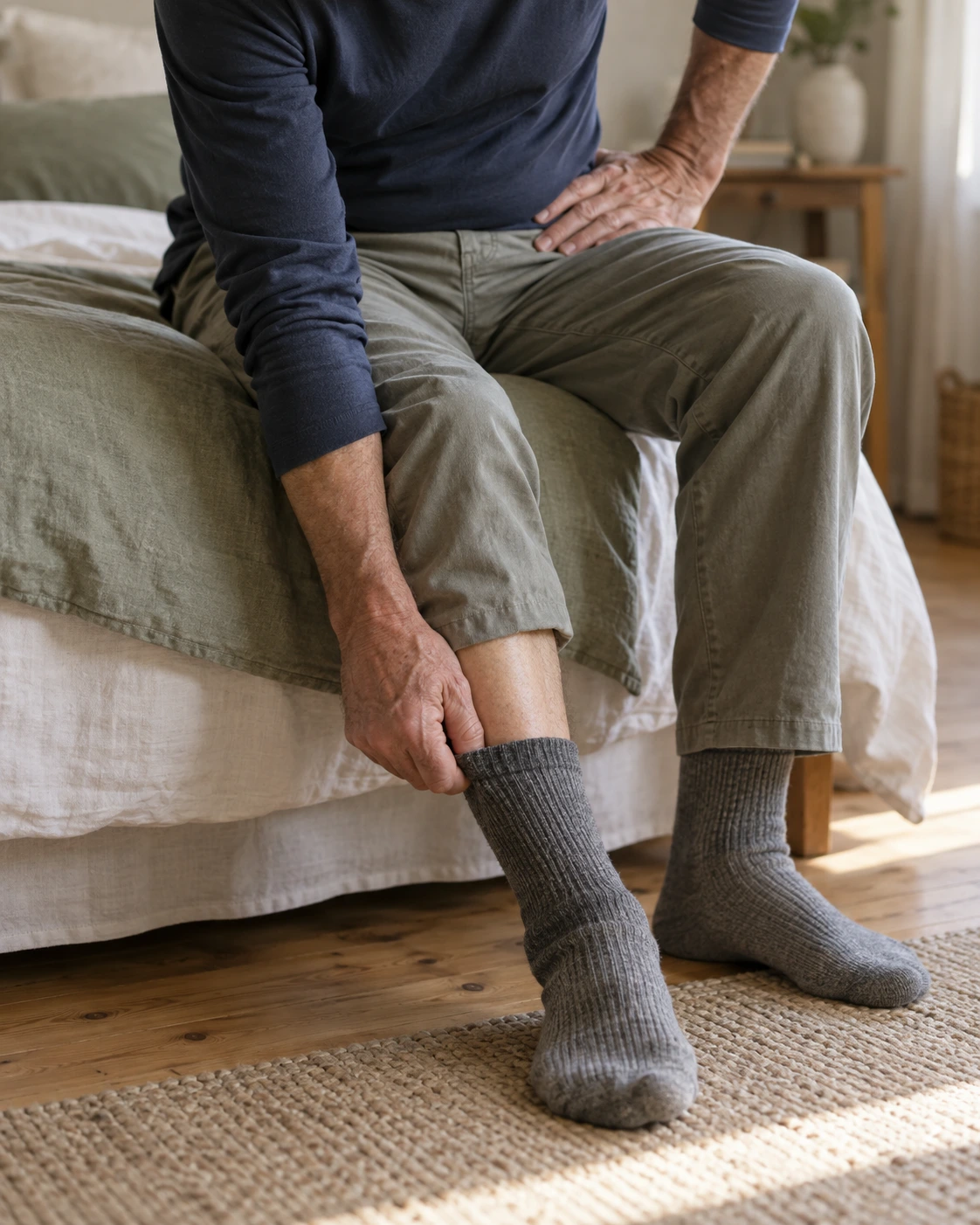 Man sitting on the edge of a bed pulling on a sock, one hand braced on his hip