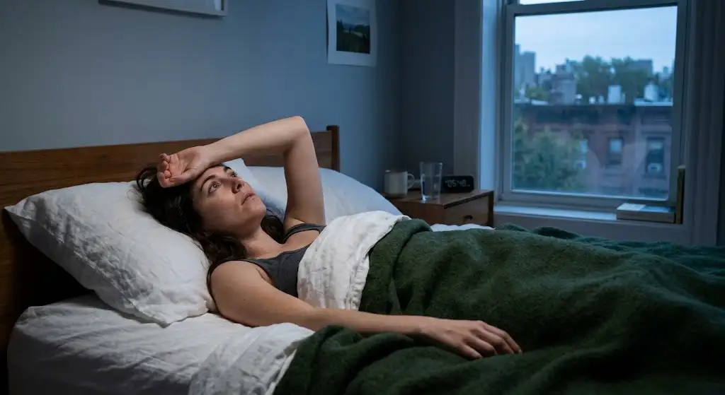 Woman lying awake in bed with her arm across her forehead