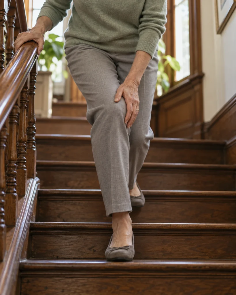 Woman walking down a wooden staircase holding the banister and her knee