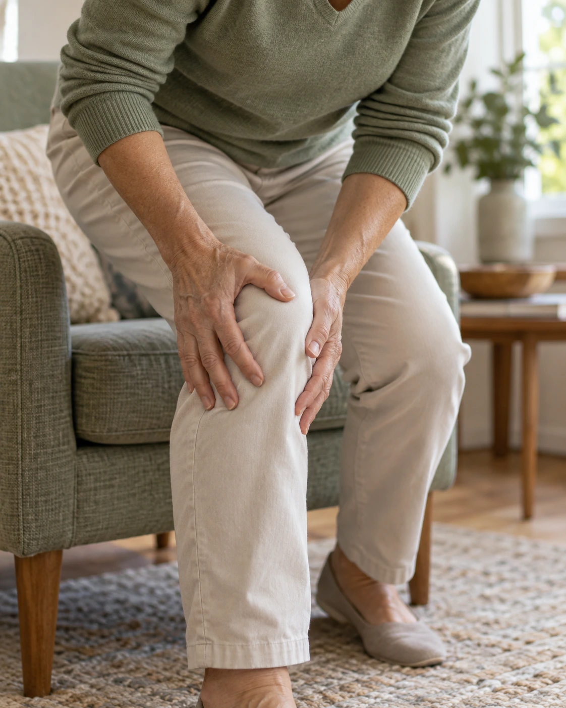 Woman pressing both hands on her knee as she gets up from an armchair