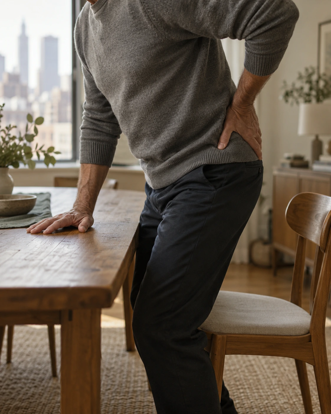 Man pushing himself up from a dining chair with a hand on his lower back