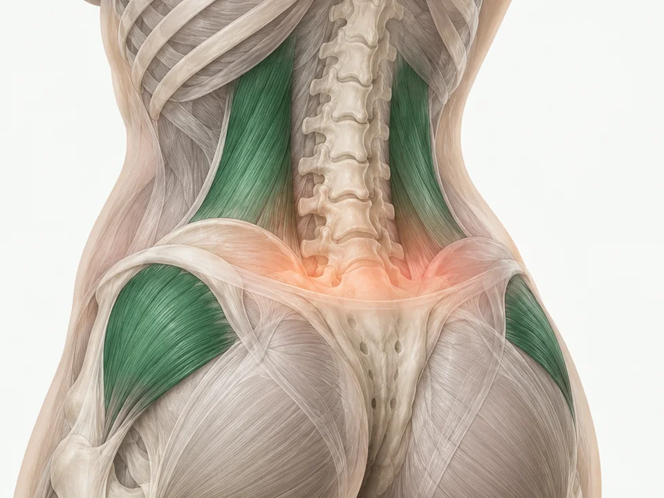 Illustration of the lower back with the deep muscle beside the spine and the muscle on the side of the hip highlighted in green, and the low back where pain is felt glowing