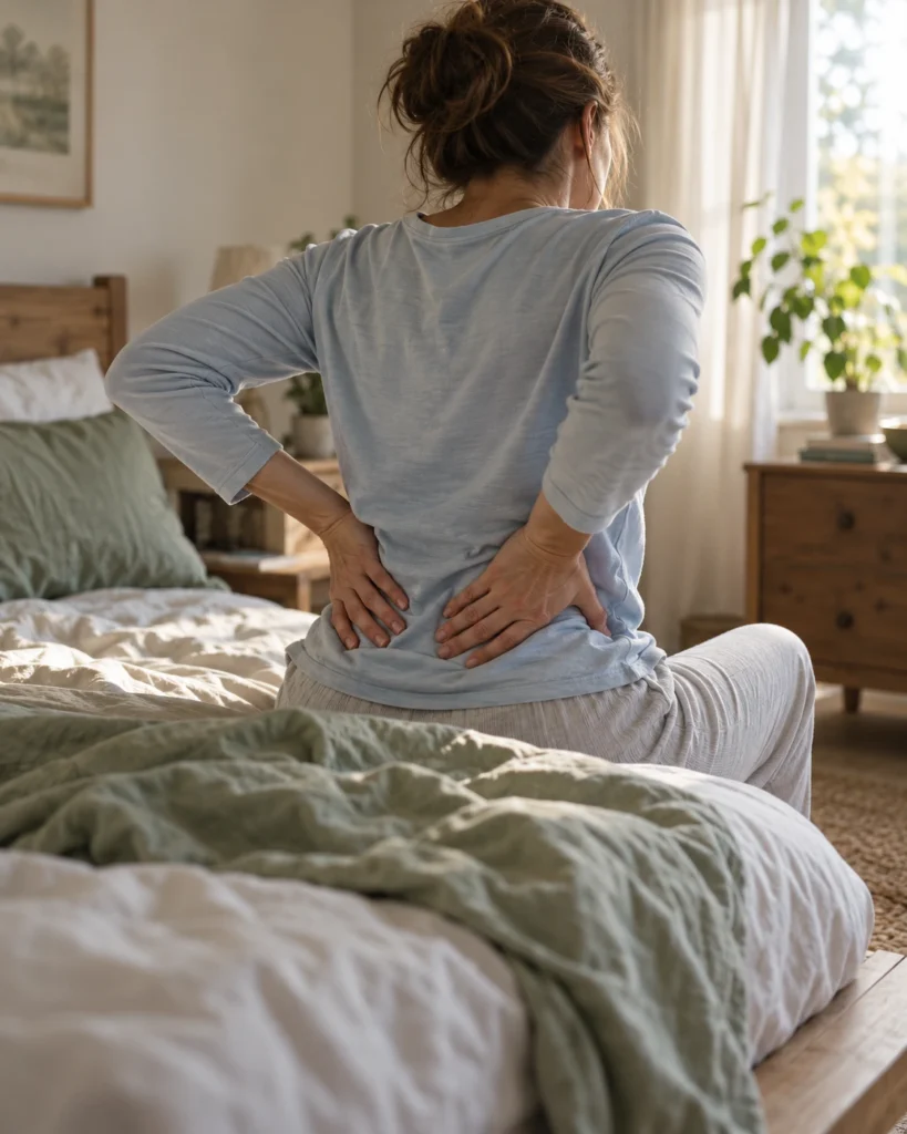Woman sitting on the edge of her bed holding her lower back