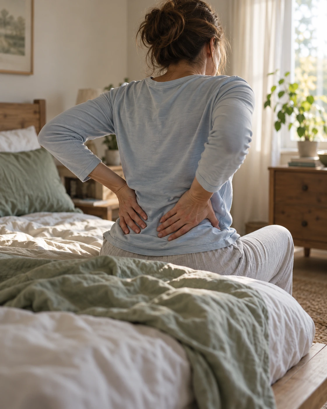 Woman sitting on the edge of her bed holding her lower back