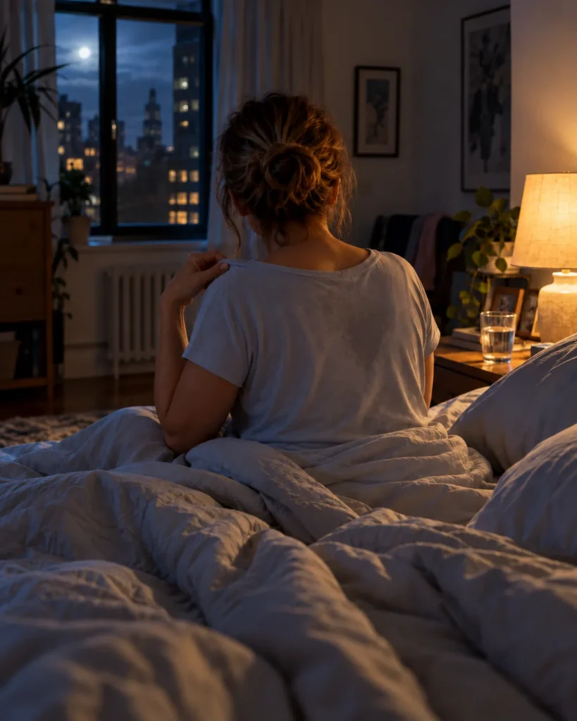 Woman sitting up in bed at night pulling her damp shirt away from her skin