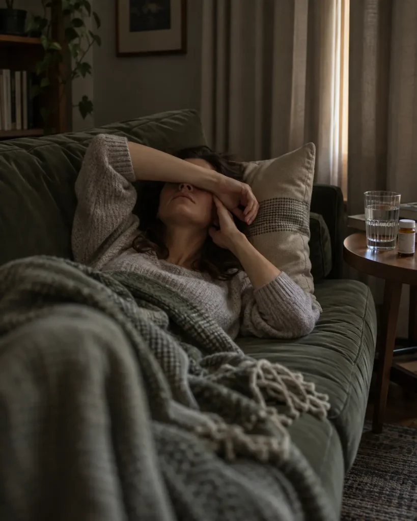 Woman lying on a sofa in a dim room with her arm over her eyes during a migraine
