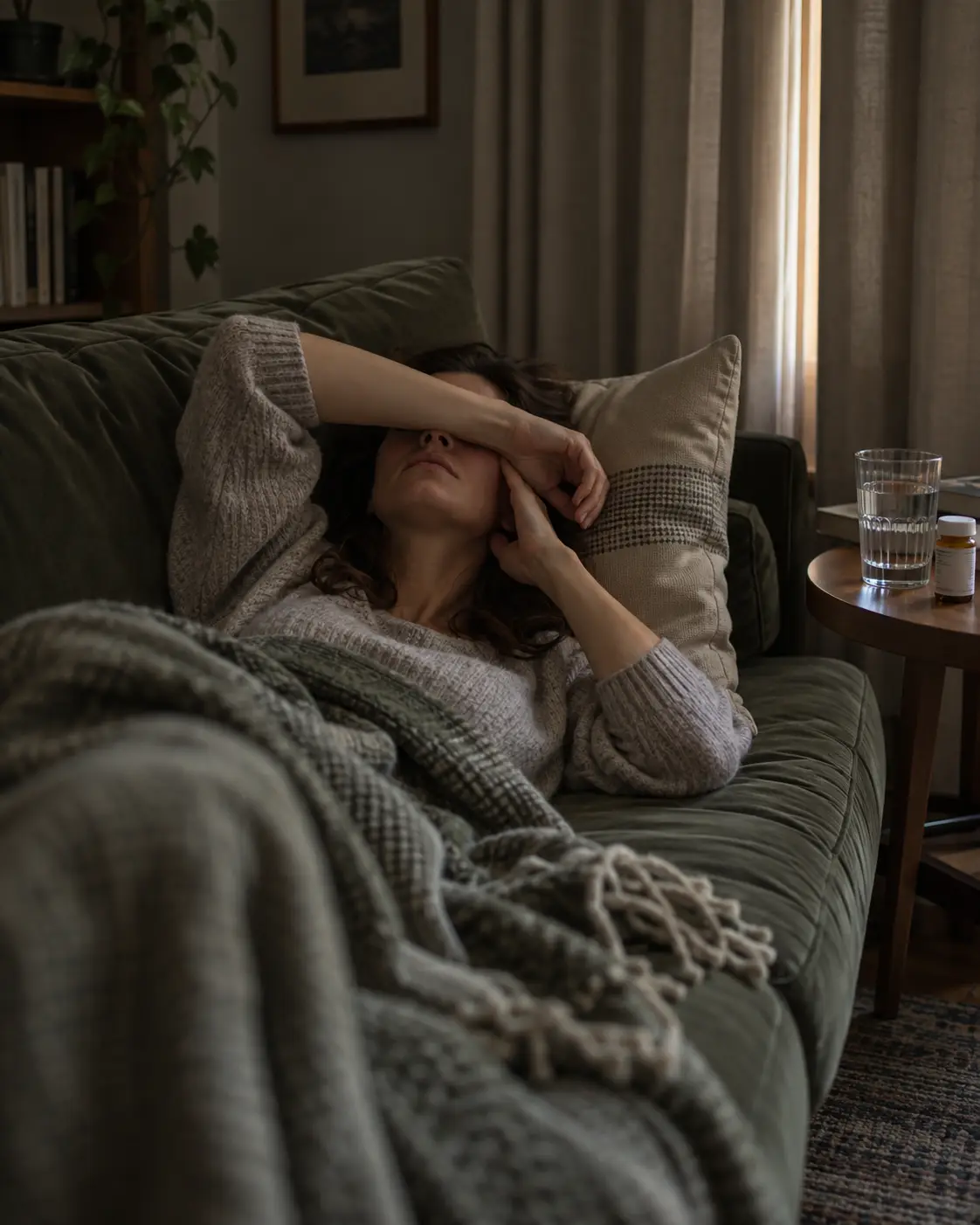 Woman lying on a sofa in a dim room with her arm over her eyes during a migraine