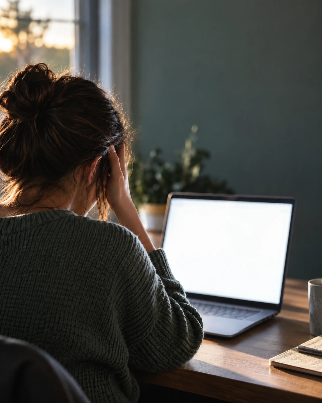 Woman at a laptop holding her head, shading her eyes from the screen