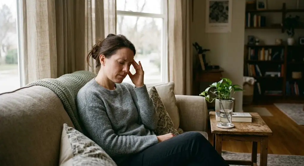 Woman on a sofa pressing her temple with her eyes closed