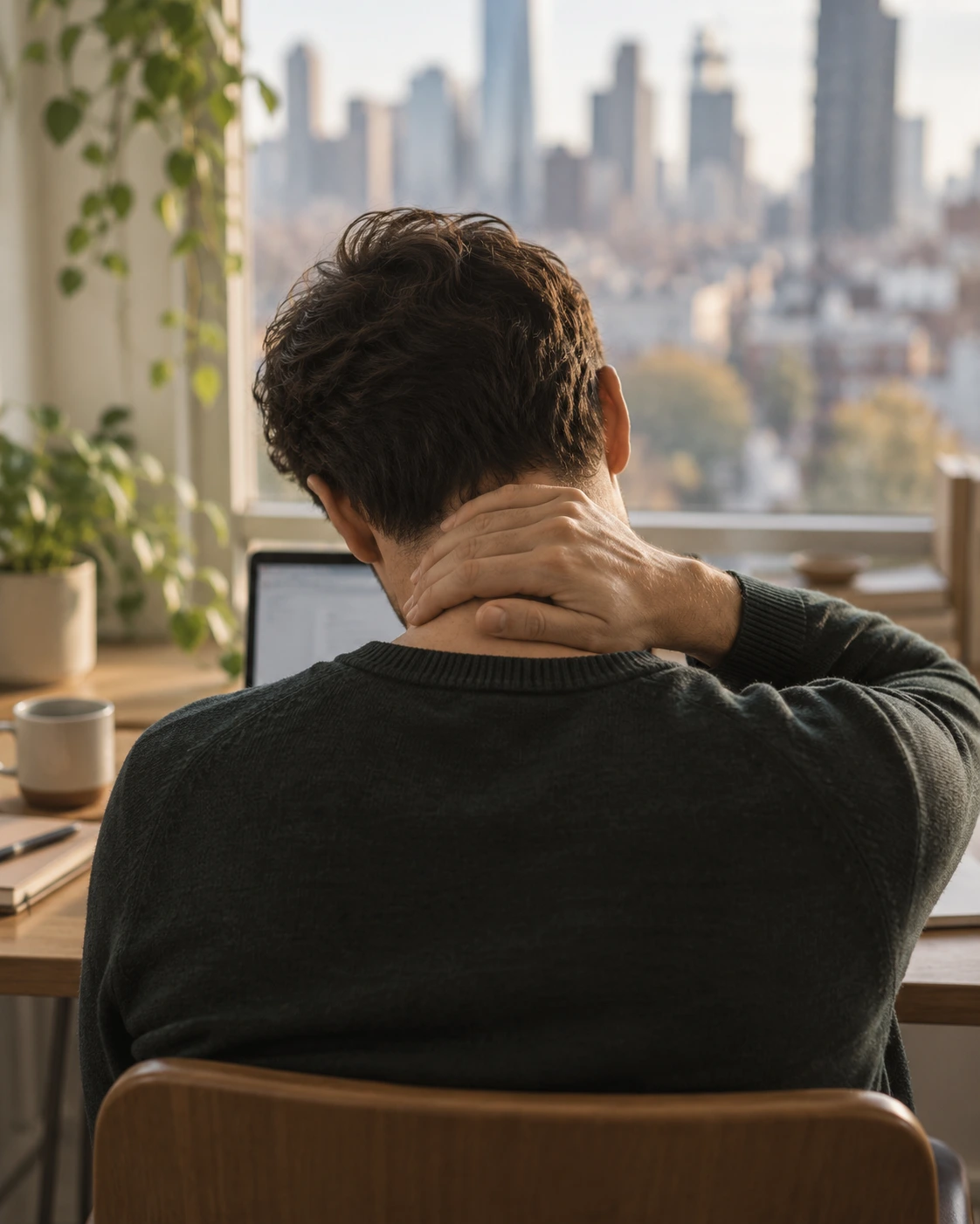 Man at a laptop holding the back of his neck