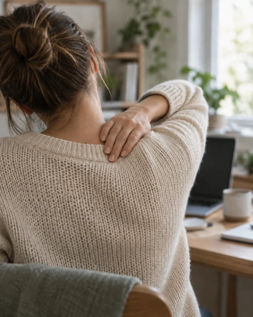 Woman at a desk reaching over her shoulder to press a knot between her shoulder blades