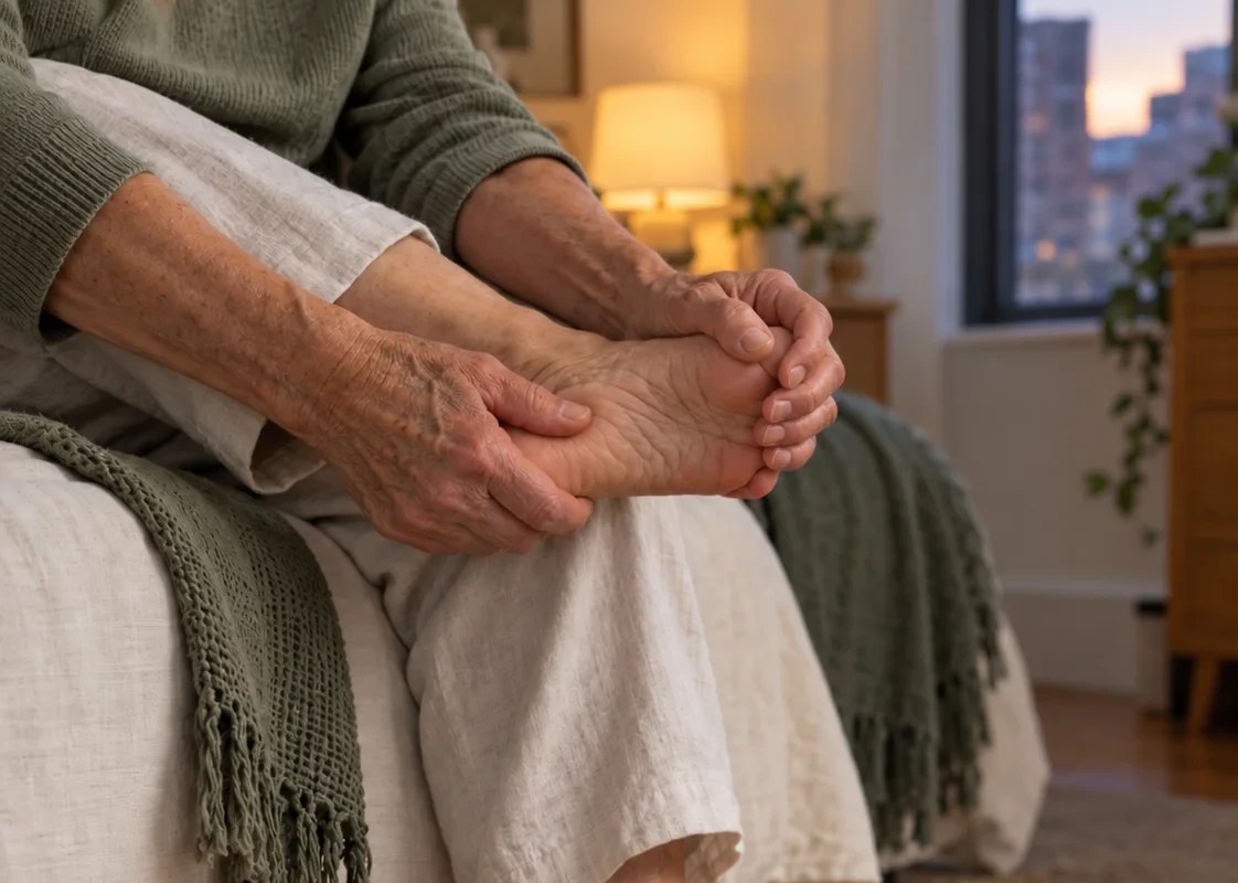 Hands holding a bare foot and pressing into the sole to ease burning and tingling