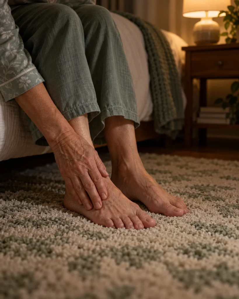 Older adult sitting on the edge of a bed at night, rubbing the top of a bare foot