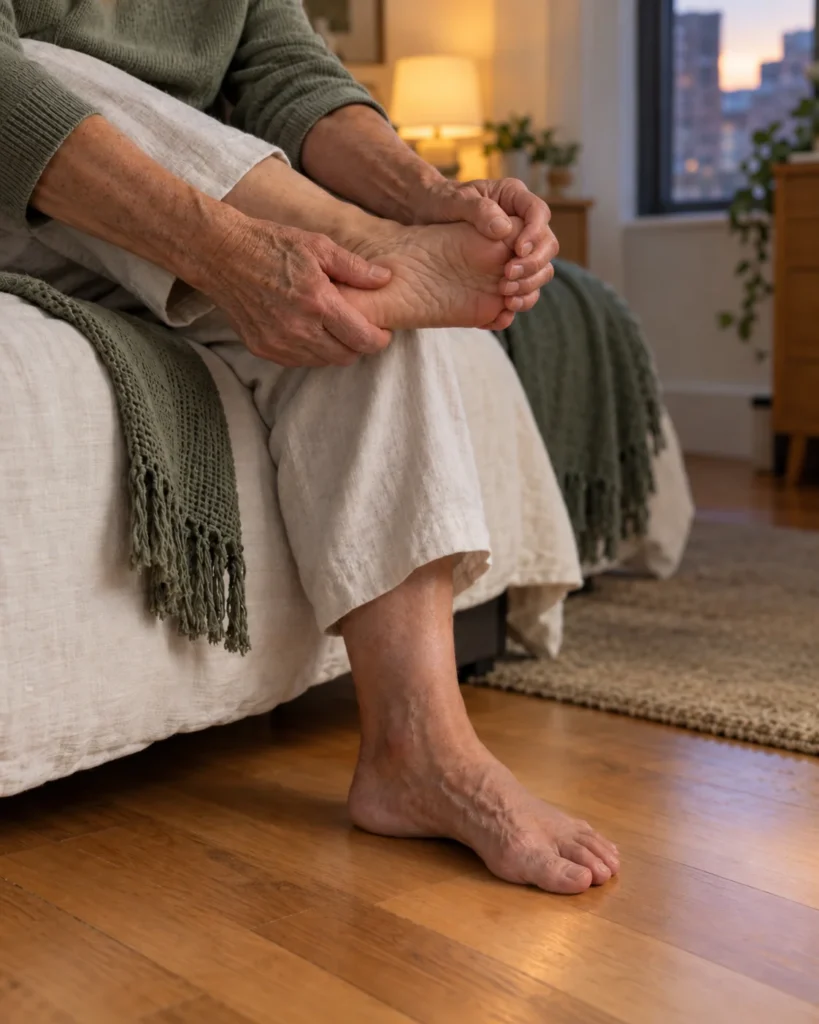 Older adult on the edge of a bed holding one foot, pressing into the sole to ease pins and needles